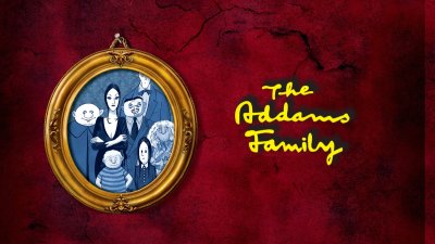 An illustrative image with a deep red textured background. There is a cartoon drawing of a family inside a wooden photo frame on the left with text on the right saying "The Addams Family"