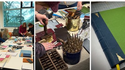 Photos of books and people book binding