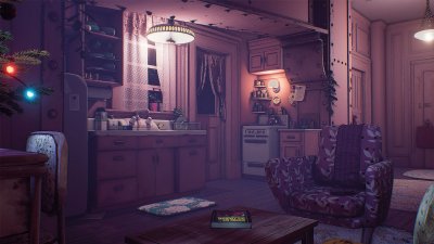 Animated interior with kitchen and armchair