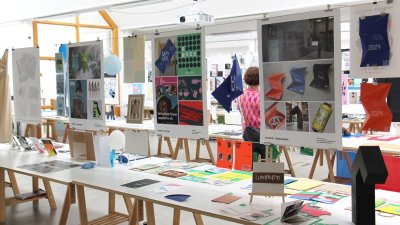 Exhibition space with Graphic Design work displayed at Falmouth University