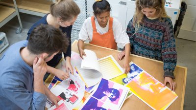Students looking at work in studios