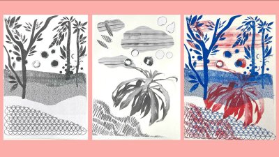 A triptych of risograph stages with trees and plants