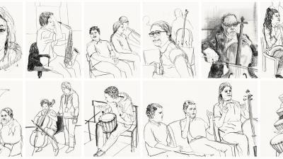 A series of line drawings of people doing activities