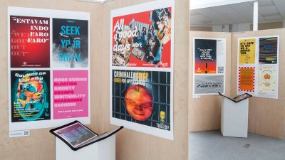 Advertising students work displayed on wall