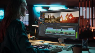 A woman using video editing software