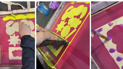 3 photos of screen printing in action on a tote bag