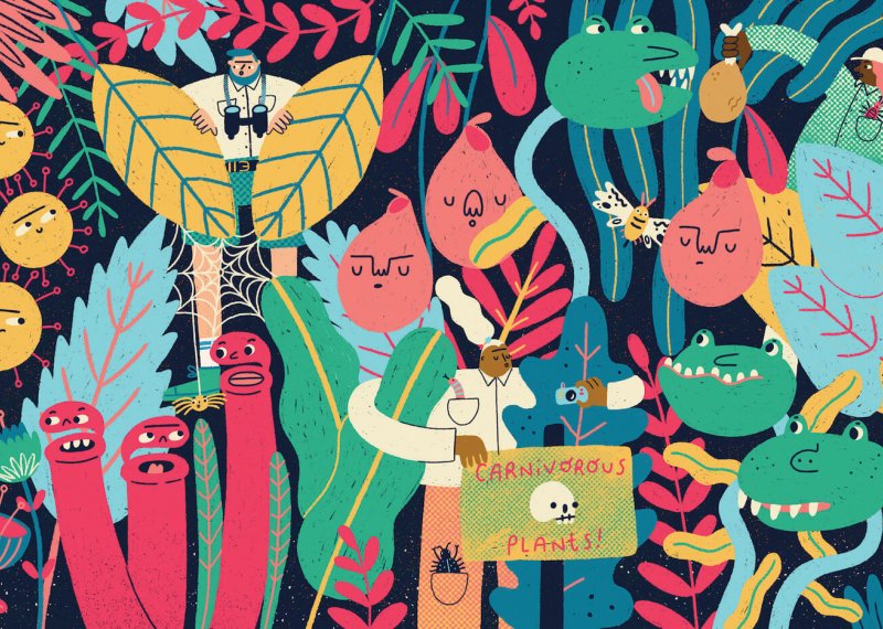 Bright coloured illustration of woodland creatures and leaves.