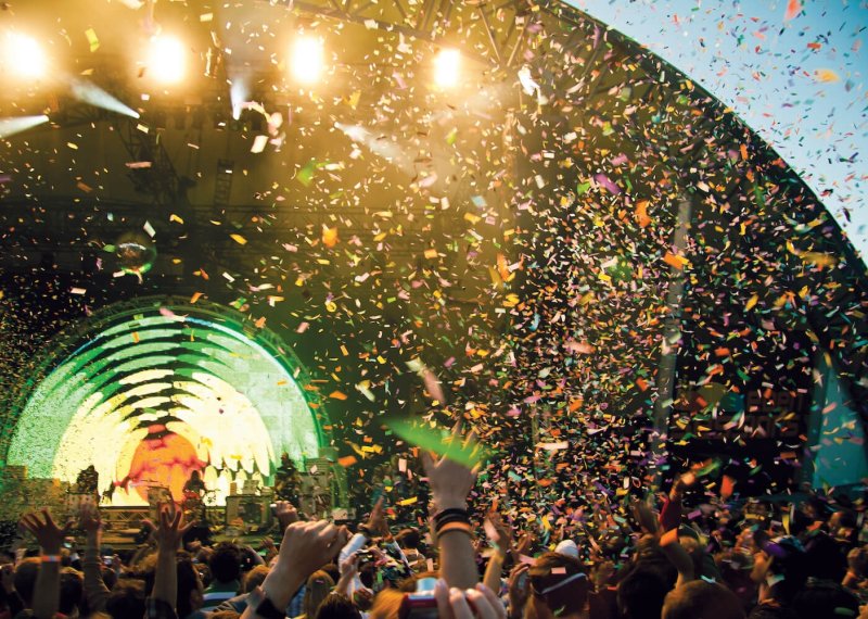 Dome stage at the Eden project, confetti flying through the air at a Flaming Lips gig.