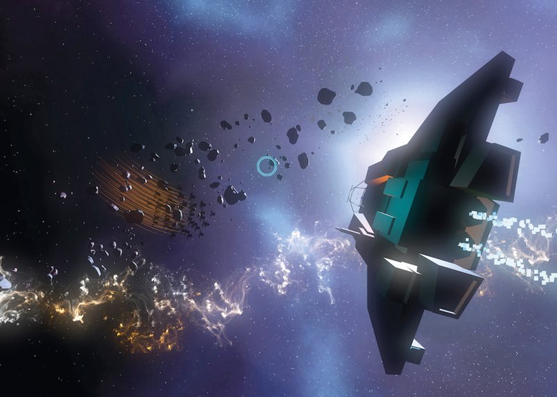Game art of a spaceship going thought space
