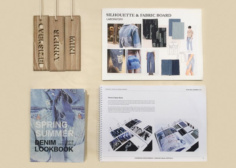 Denim moodboards and lookbook, laser cut wooden tags.