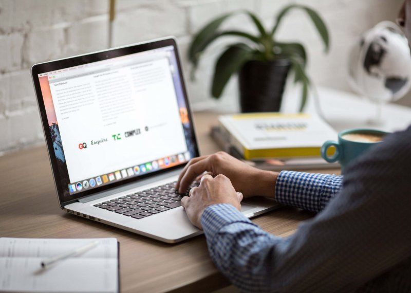 Man studying from home on laptop with house plant