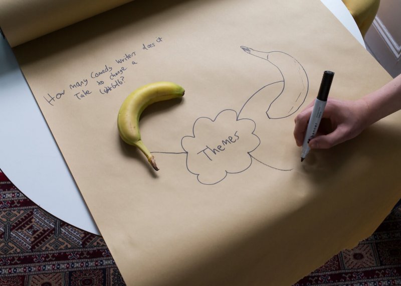 A large brown roll of paper with themes written in the centre and a banana