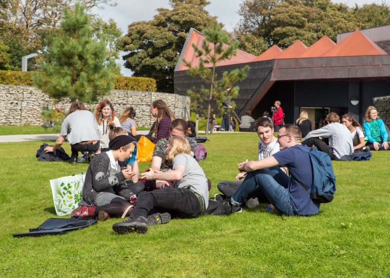 Lot's of students hanging out on the grass at Penryn campus.