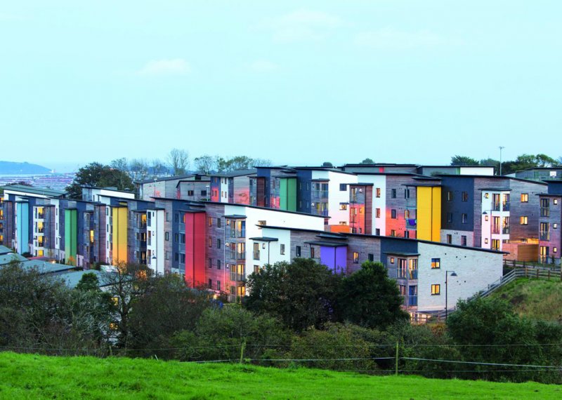 Colourful blocks of student accommodation on Penryn Campus