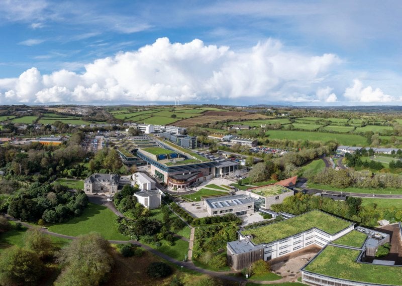 Panoramic view of Penryn Campus with buildings and trees