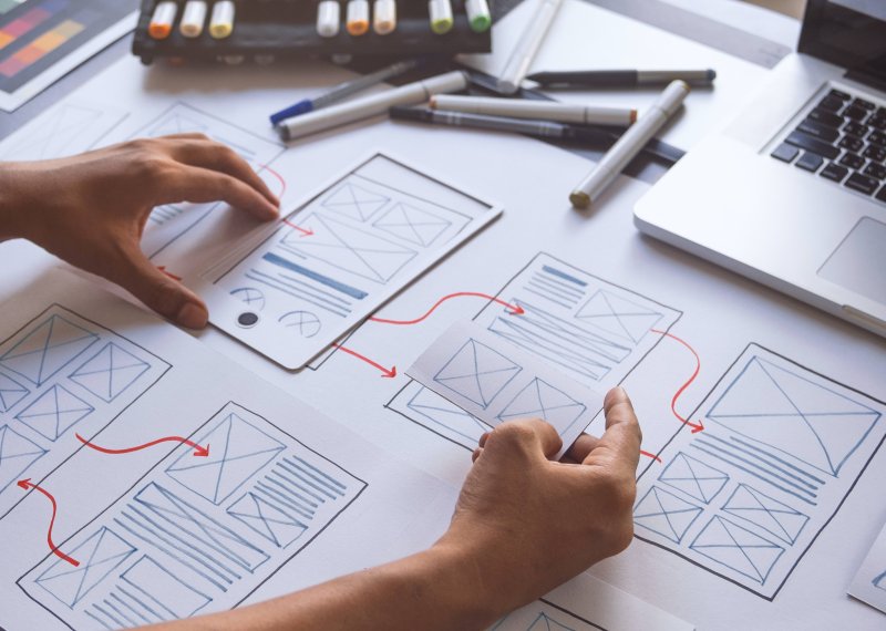 website layout plans on paper with hands and pens