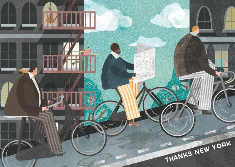 Illustration of large people riding uphill on bicycles in a New York city scene.