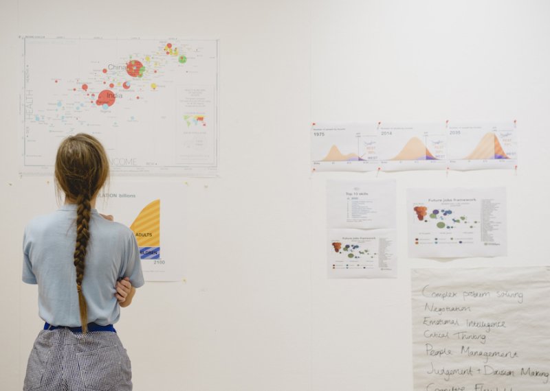 A girl looking at print outs of business graphs on a wall