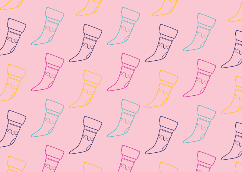 Pink banner with line drawn stockings in multi-colour