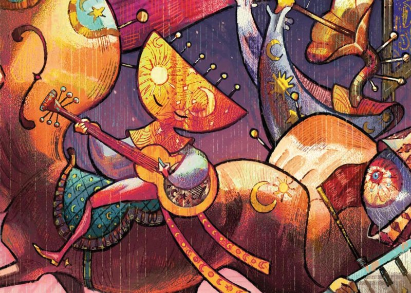 Illustration of abstract shapes playing musical instruments