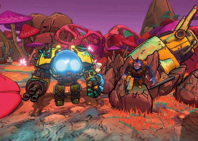 Animation of robot and monkey character in wasteland setting