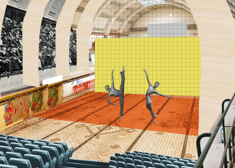 Interior design of performance space with ballet dancers