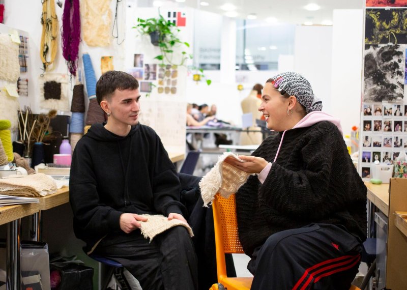 Two Textile Design students in the studio at Falmouth University