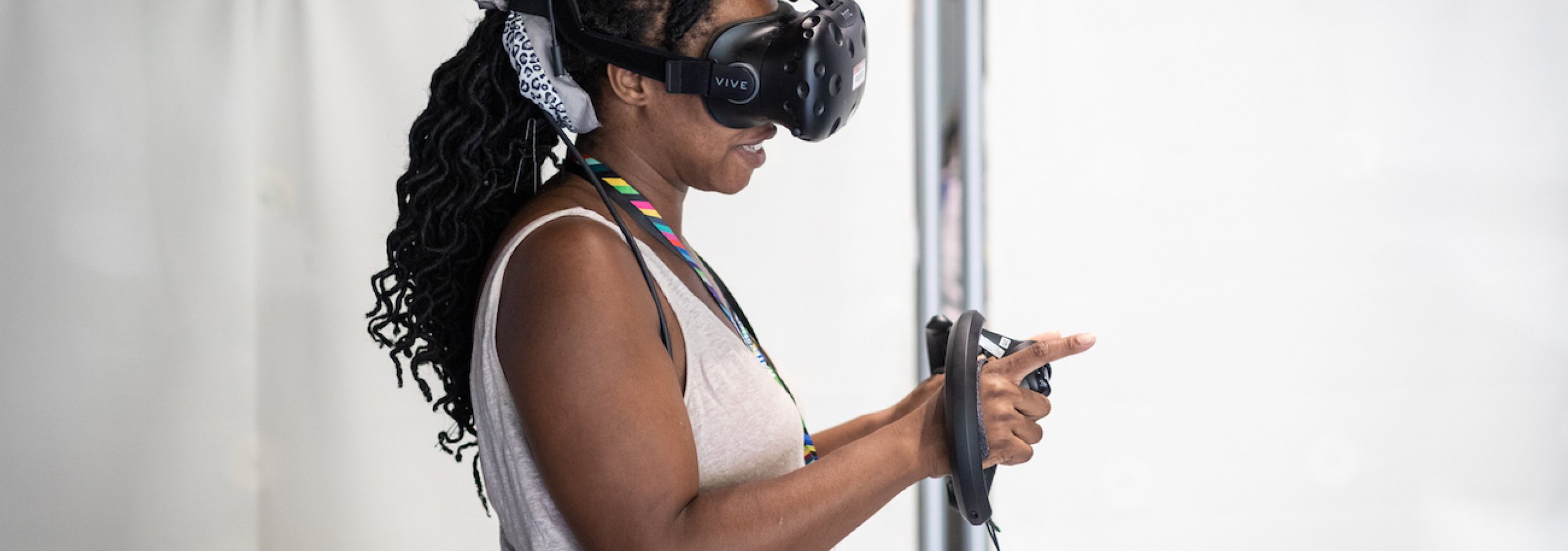 A woman wearing a VR headset