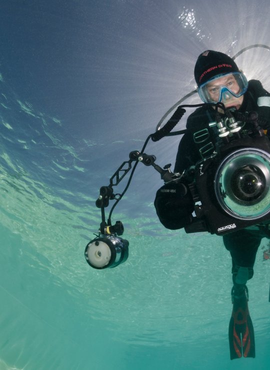 Falmouth University Marine Photography student underwater with diving gear and camera