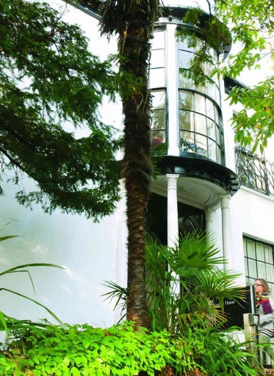 A white building behind greenery