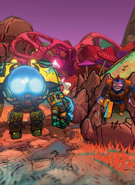 Animation of robot and monkey character in wasteland setting