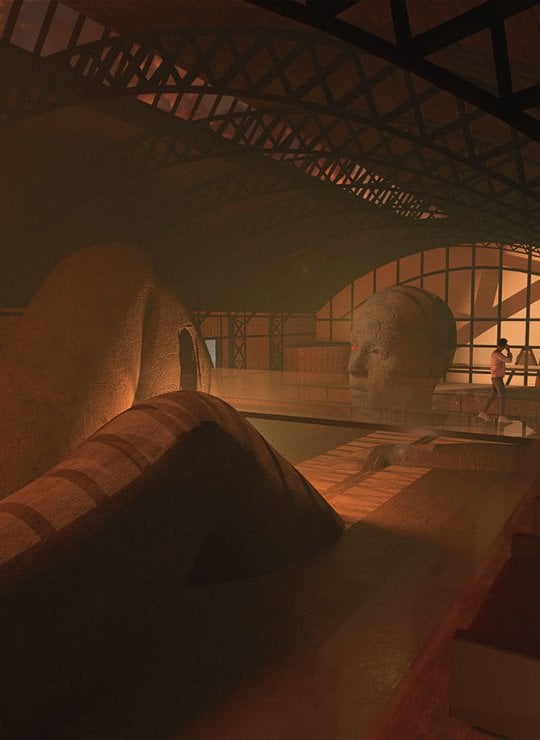 Digital interior with large stone sculpture and arches