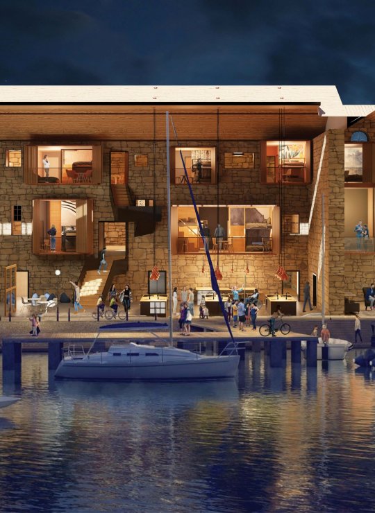 CAD Render of a large building with outdoor seating areas next to a river