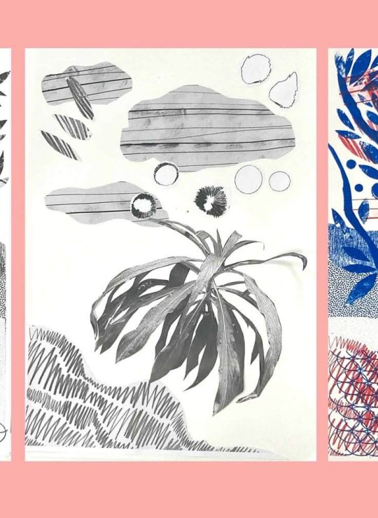 A triptych of risograph stages with trees and plants