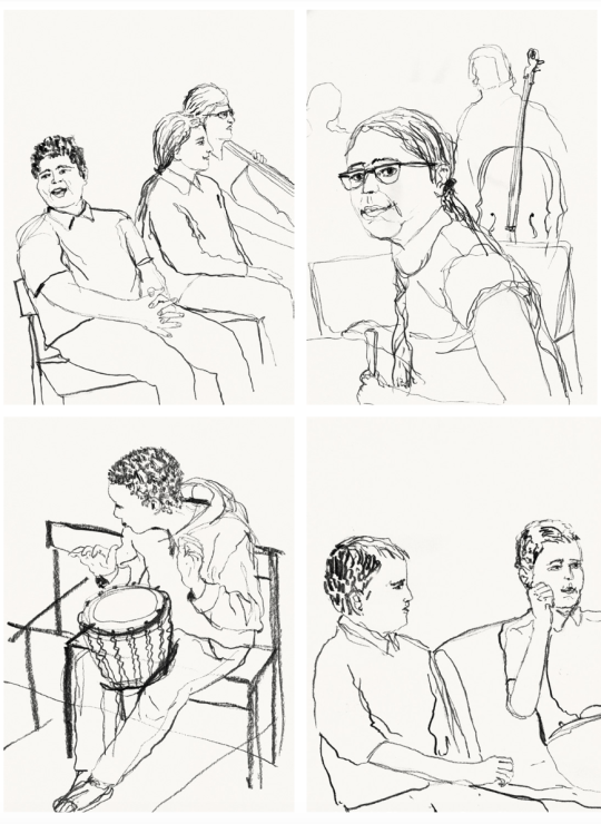 A series of line drawings of people doing activities