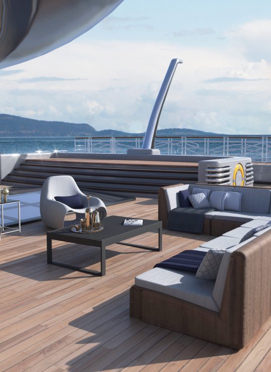 Design of lounge area on the deck of a super yacht, wood, cream and grey colour scheme.