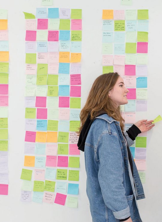Students stood by a wall of post it notes