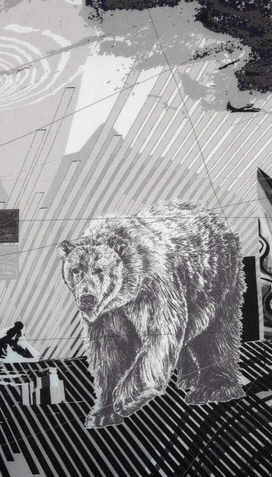 Collage of a bear, mountains and towers