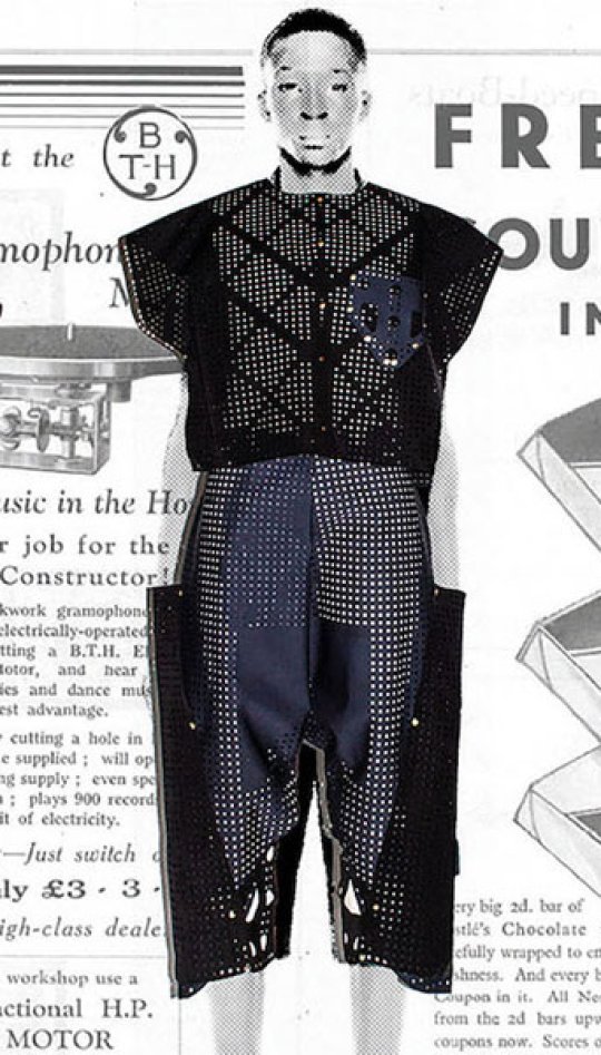 Drawing of three men wearing netted clothing with a newsprint background