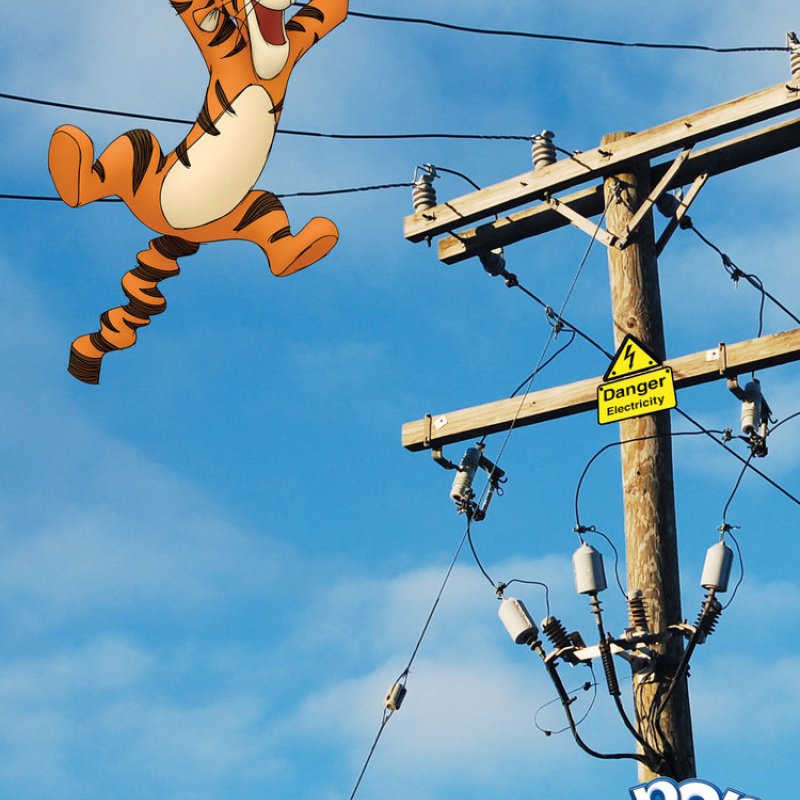 Tigger floating towards telegraph wires