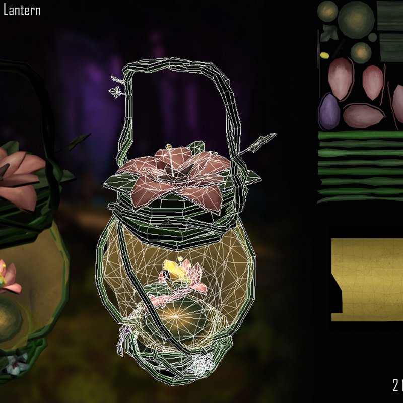 Digital artwork and components of lantern with pink flowers on the top.