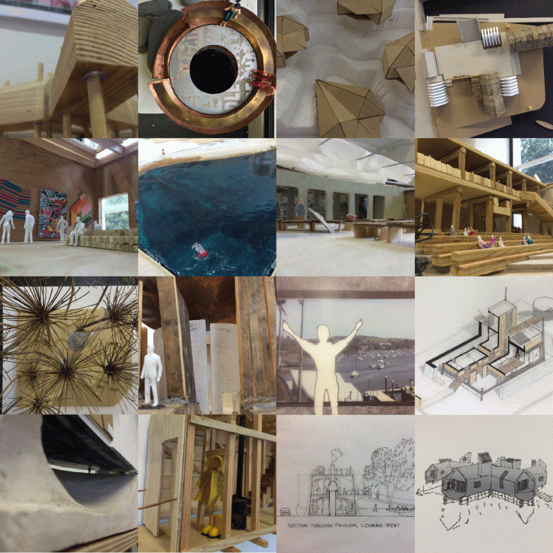 Collage of various architecture models and drawings