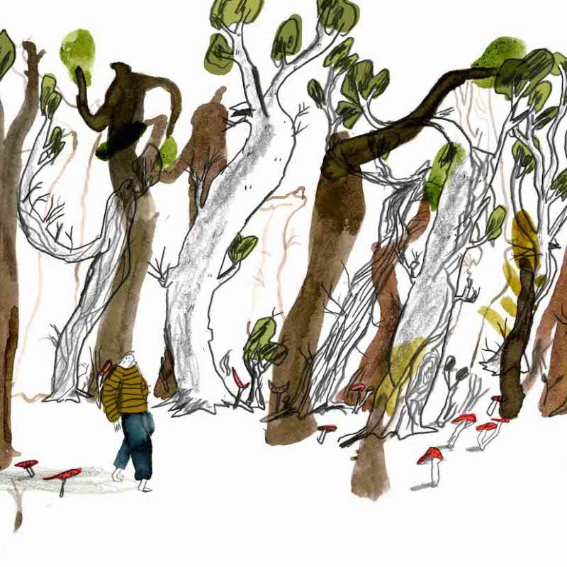 Illustration of a man walking through tall trees with red mushrooms