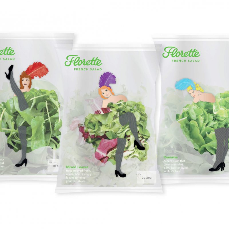Salad bags with can can dancers on and salad for skirts.