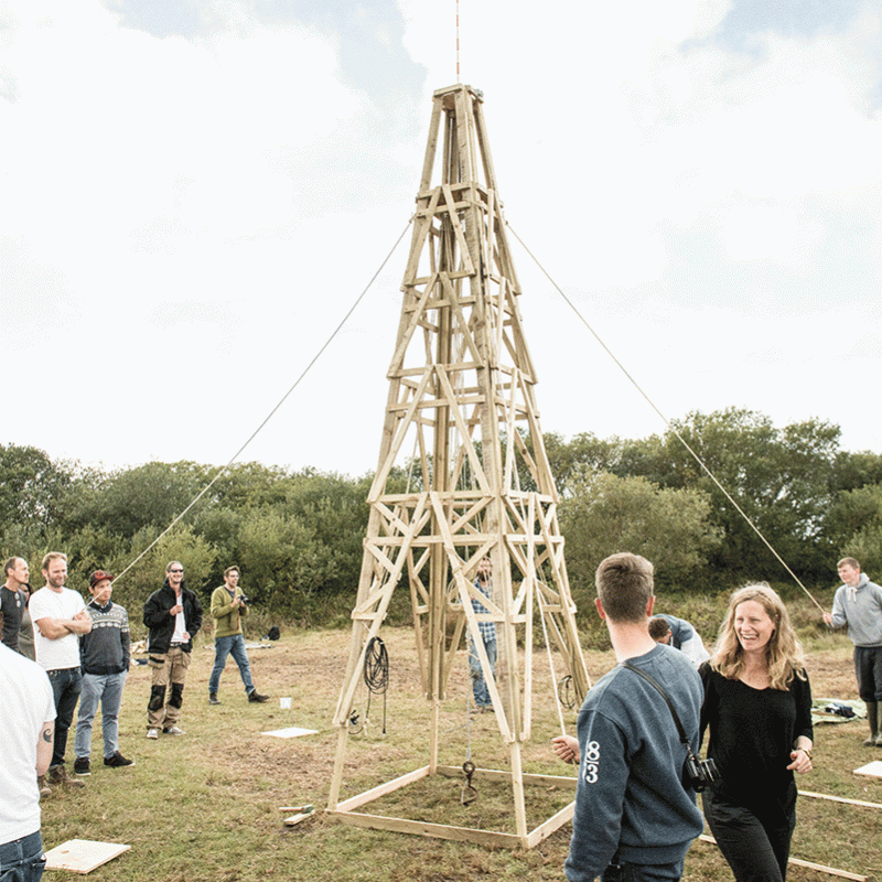 Students with tower structure at Goonhilly