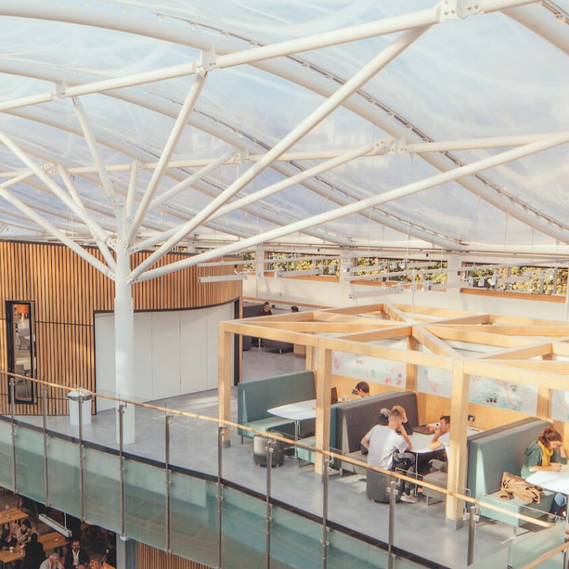 Students working at the Atrium on Falmouth University campus.