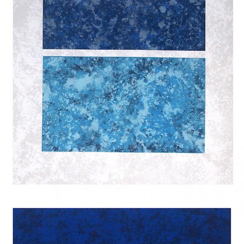 Abstract artwork of three rectangles of blue shades