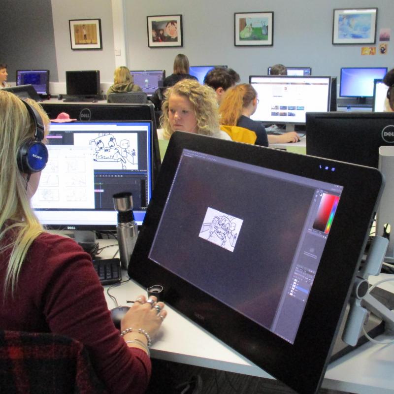 Animation student working in a computer suite at Falmouth University
