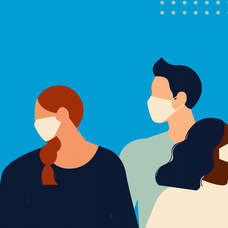An illustration of four people wearing face coverings