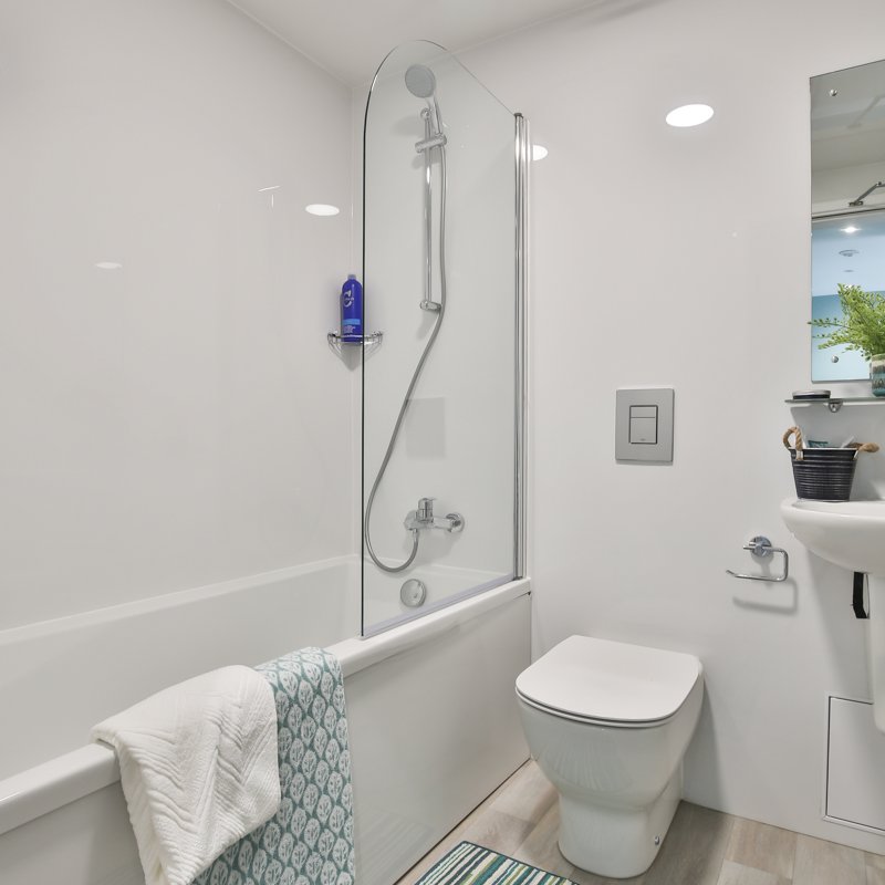 bathroom interior with toilet, bath and shower